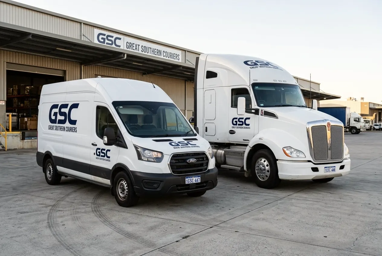 GSC-liveried van and prime mover parked outside a depot building signed Great Southern Couriers