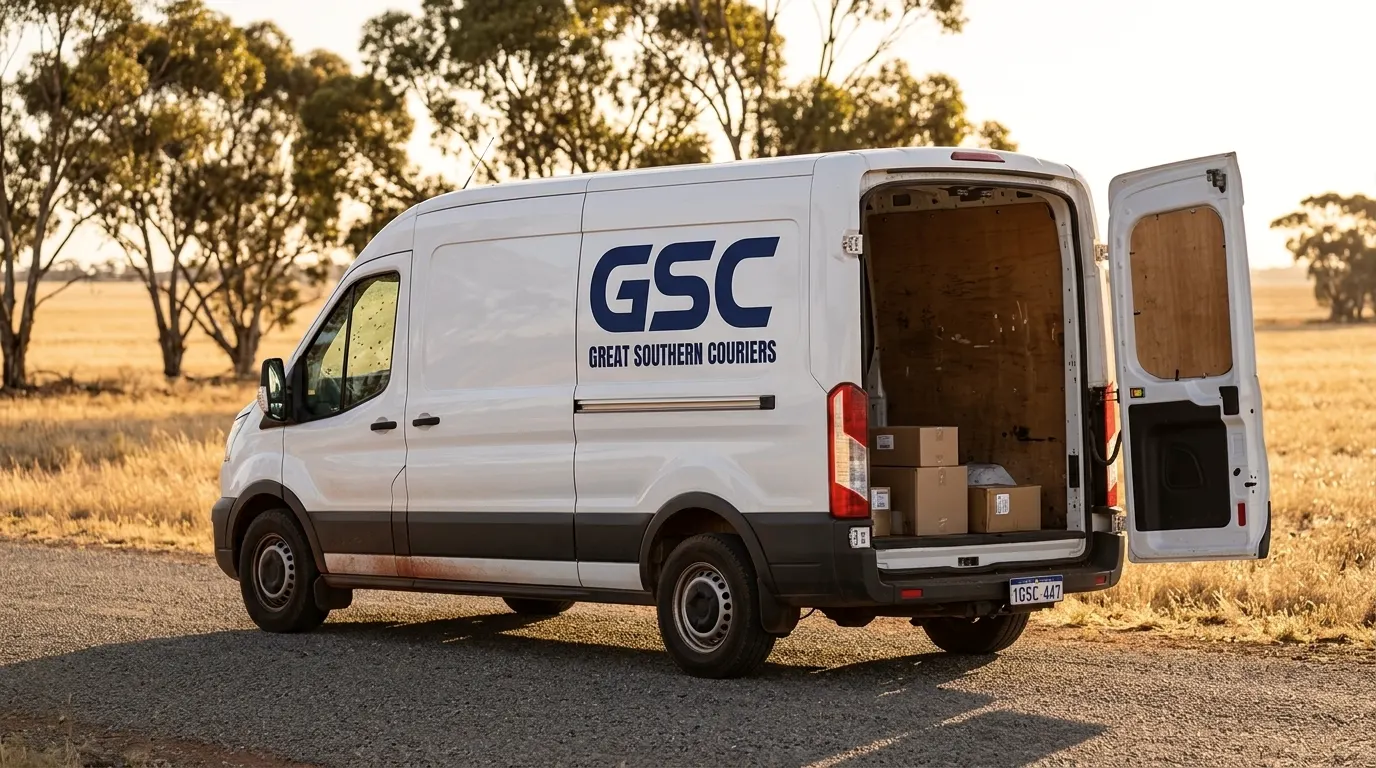 GSC van on a rural road in late afternoon light, rear doors open showing cartons inside