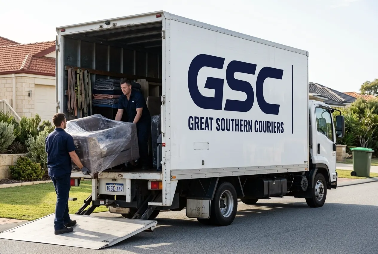 GSC-liveried pantech truck with tailgate lift lowered, two workers loading a wrapped sofa