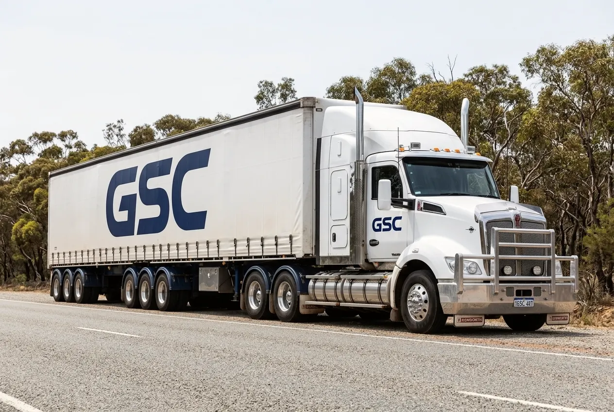 Side view of a GSC-liveried prime mover and curtain-sided trailer parked on a regional road