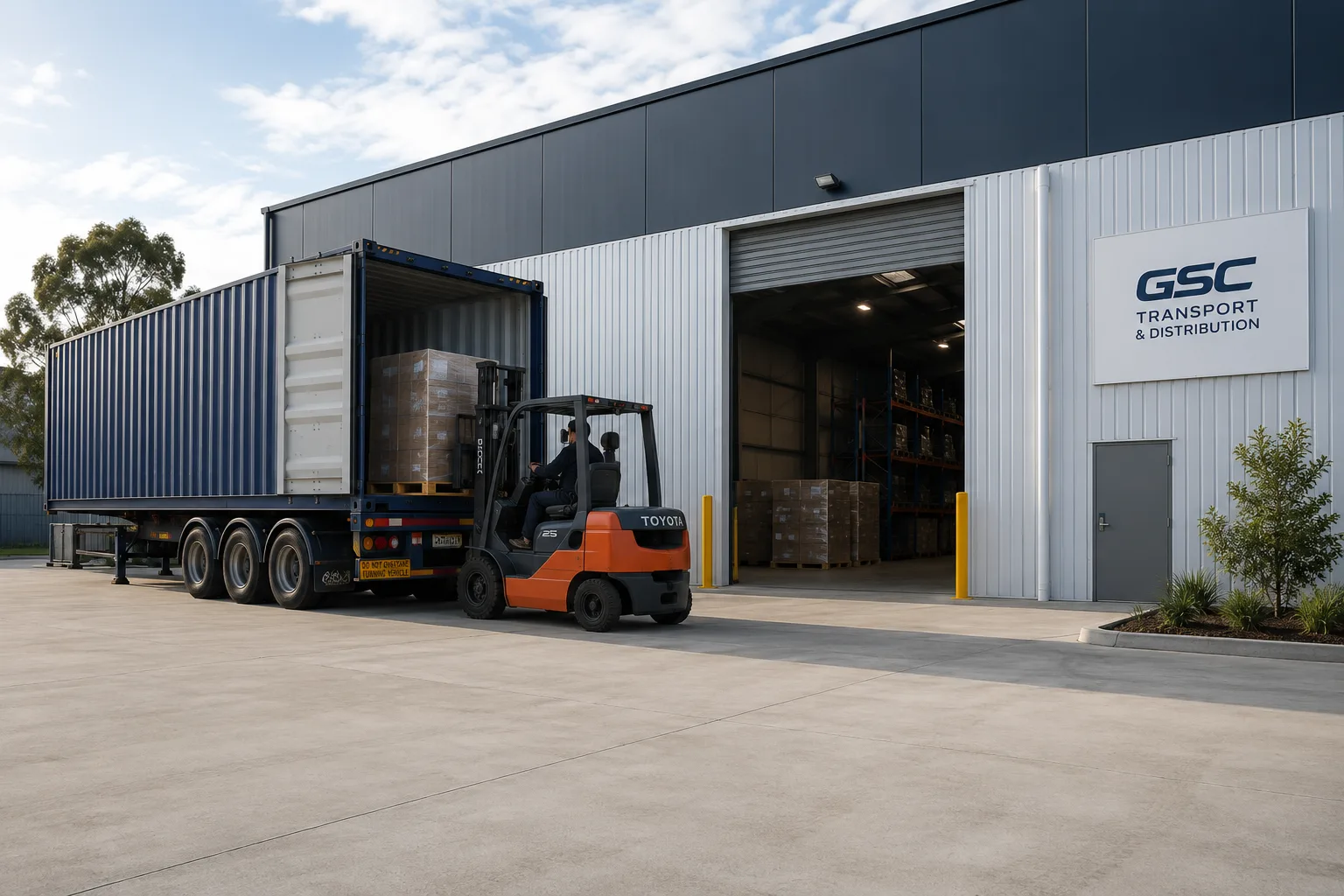 GSC Transport & Distribution depot, a forklift loading a container beside the building signage